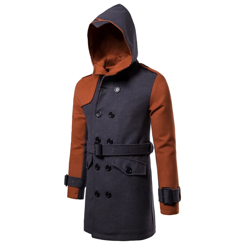 Мужская Новая двубортная куртка с капюшоном и поясом Длинная ветровка мужской