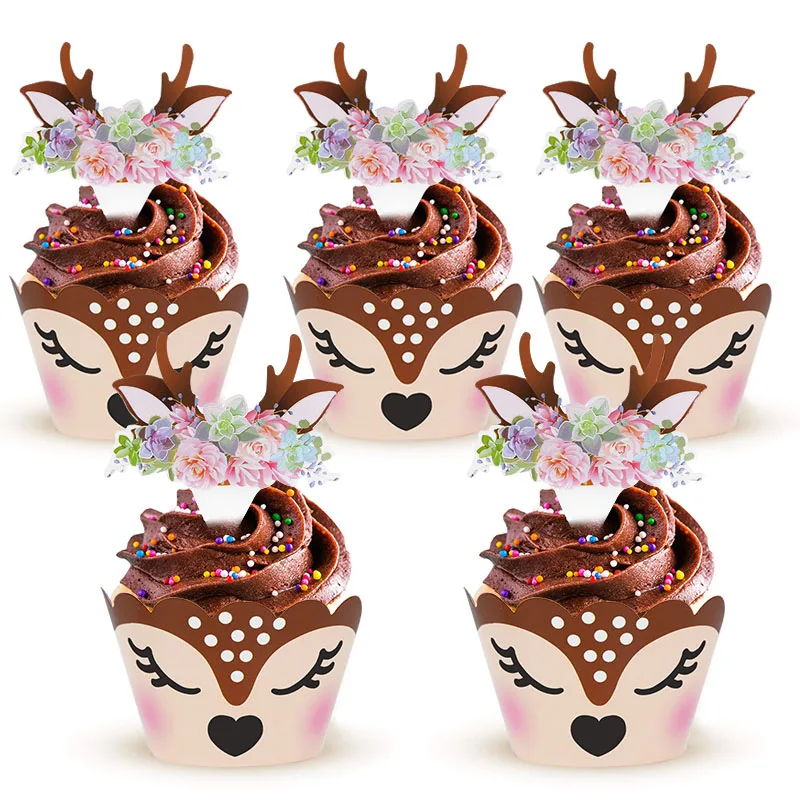 

12/24pcs Cartoon Sika Deer Cupcake Wrapper Antlers Paper Cake Toppers Merry Christmas Xmas New Year Birthday Party Decoration