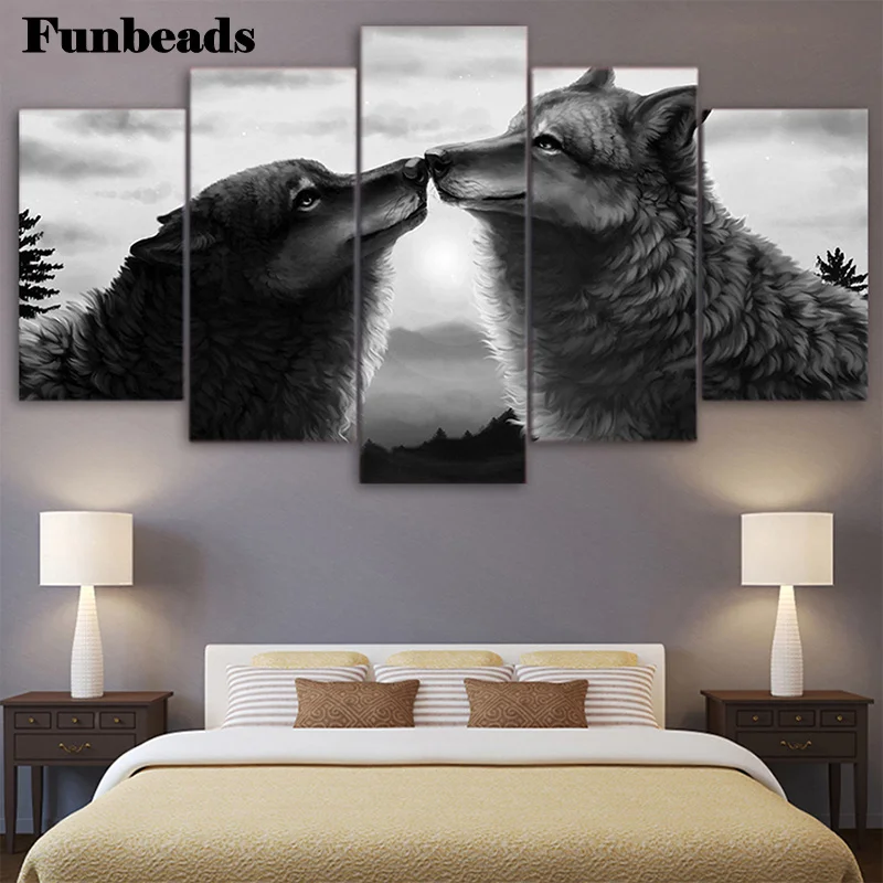 

5pcs diy Diamond Painting Black and white animal art, wolf companion diamond mosaic full square drill diamond embroidery FF3954