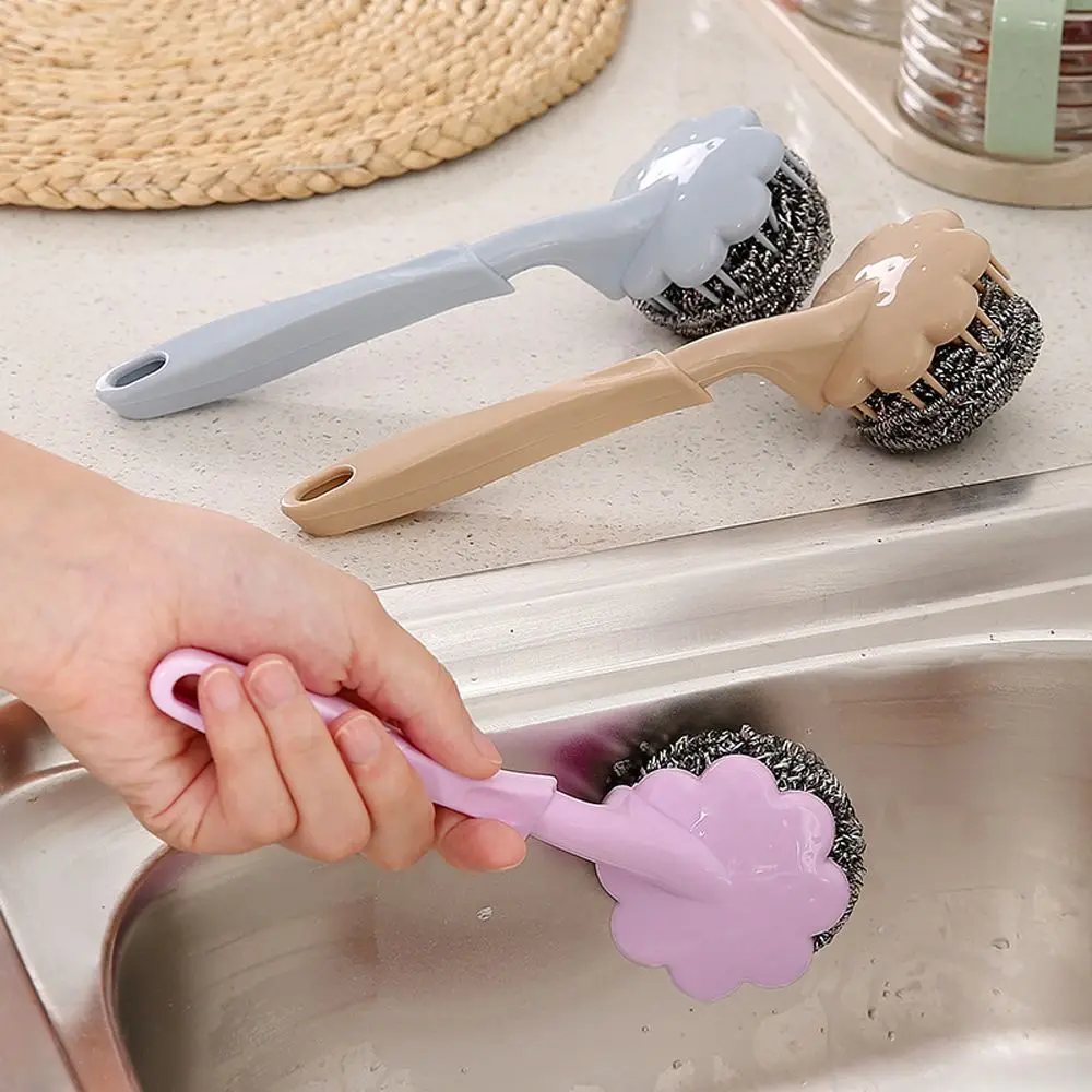 

Long Handle Bowl Scrubber Pan Brushes Stainless Steel Wire Ball Pot Brush Cleaner Dishwashing Kitchen Cleaning Tools