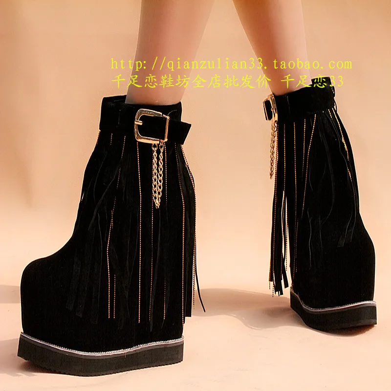 Autumn and winter fringed boots inside thickening 15 cm ultra high heel Women's in the tube muffin bottom female snow boot | Обувь