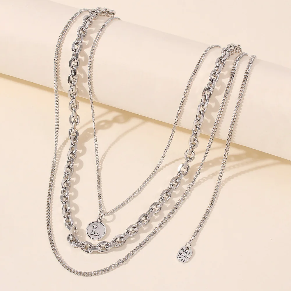 

Sunarry 3Pcs/Set Multi Layered Boho Letter Choker Silver Color Necklace Collar Punk Carved Coin Lasso Pendant Necklaces Jewelry