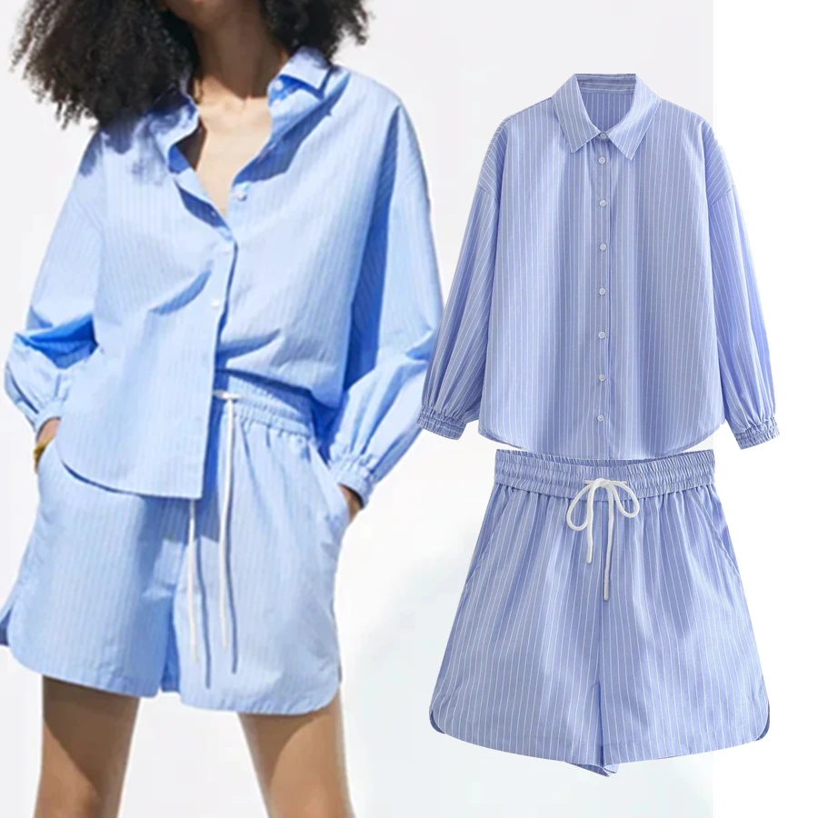 

Withered England Fashion Ins Blogger Casual Striped Loose Blouse Women Blusas Women Tops Shorts Women Beumuda Two Piece Sets
