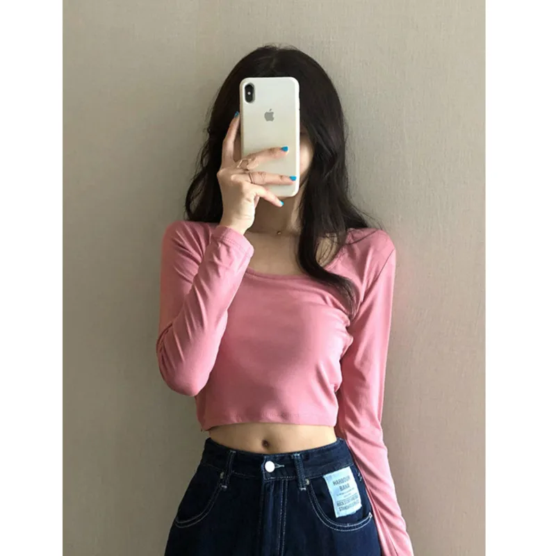 

Round Neck Sweet Hot Wind Short T-shirt Women's Autumn Western Style Was Thin, Long-sleeved Bottoming Shirt Was Thin Rm*