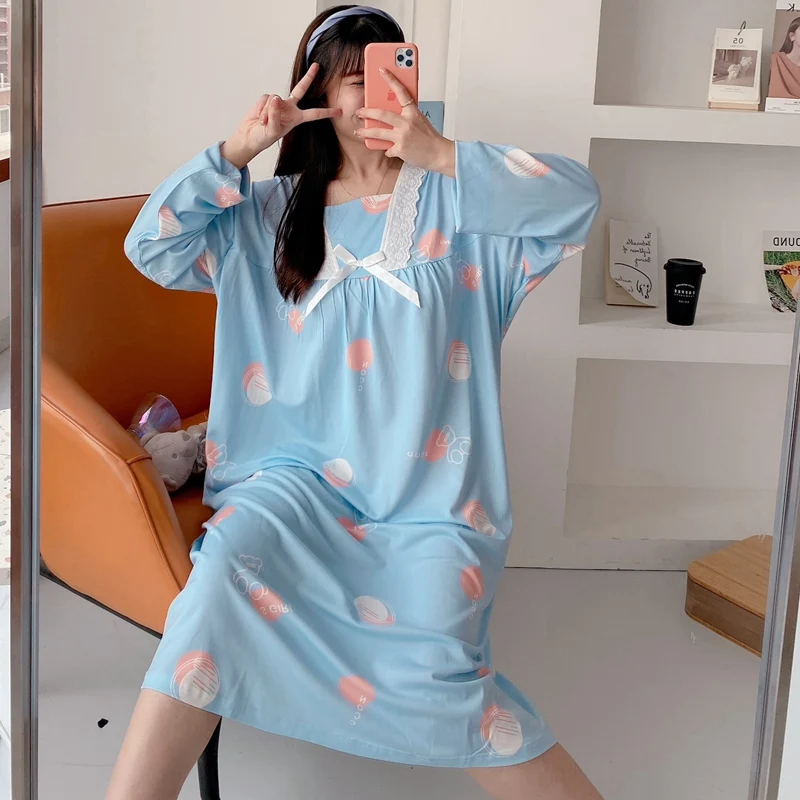 

2021 Autumn Long Sleeve Sweet Lace Princess Long Dress Nightgowns For Women Print Loose Sleepwear Night Dress Nightdress Nighty