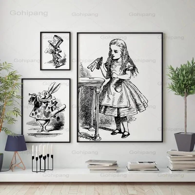 

Canvas Painting Alice In Wonderland Art Print Wall Picture Vintage Poster Hand Drawn Alice In Wonderland Girls Room Decoration