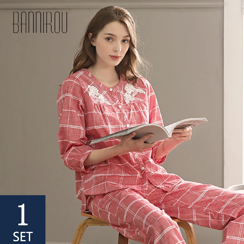 

BANNIROU 100% Cotton Women's Pajamas Spring Sleepwear Pajamas For Women Pajama Freeshipping Pyjamas Women Pijama Autumn Pajamas