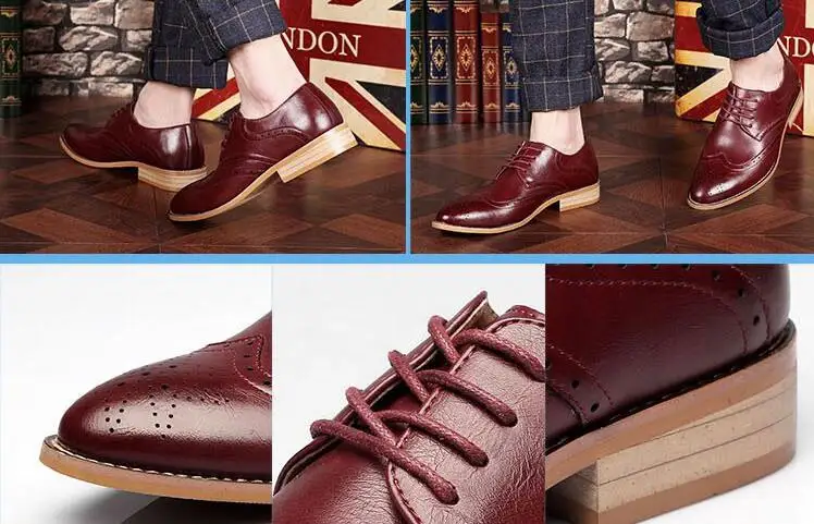Brand Brogue Brown Red Black Men Business Dress Shoes Pointed Toe Men Wedding Shoes Leather Formal Shoes casual flats LE-23