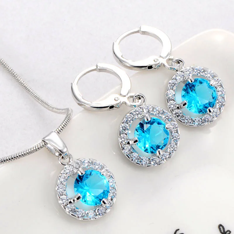 

Trendy Female Rainbow Crystal Jewelry Set Charm Silver Color Dangle Earrings For Women Luxury Round Wedding Chain Necklace