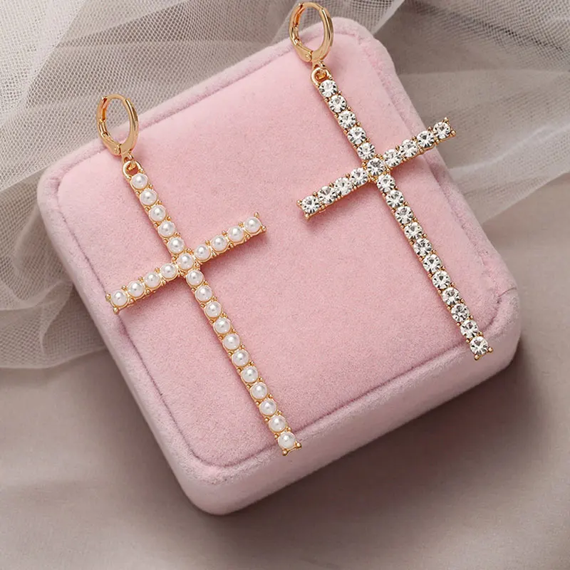 Punk Hip Hop Rhinestone Large Cross Earrings for Women Fashion Pearl Crystal Dangle Party Wedding Jewelry Girls Gift | Украшения и