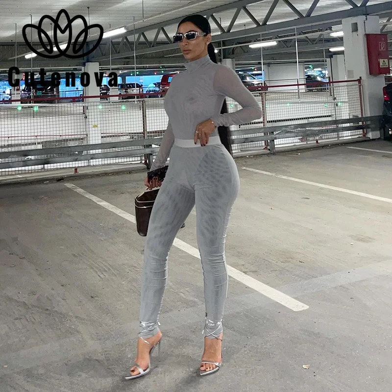 

Комплект осенней уличной одежды CuteNova из двух предметов, женская одежда, облегающий боди с длинным рукавом, обтягивающие брюки, костюмы, повс...