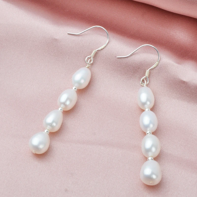 Женские длинные серьги капельки из серебра 925 пробы с натуральным пресноводным