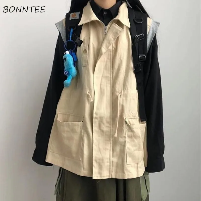 

Women Vests Waistcoats Solid Loose Zippers Pockets Pleated Simple Harajuku Vintage Cargo Fashion All-match Students Streetwear