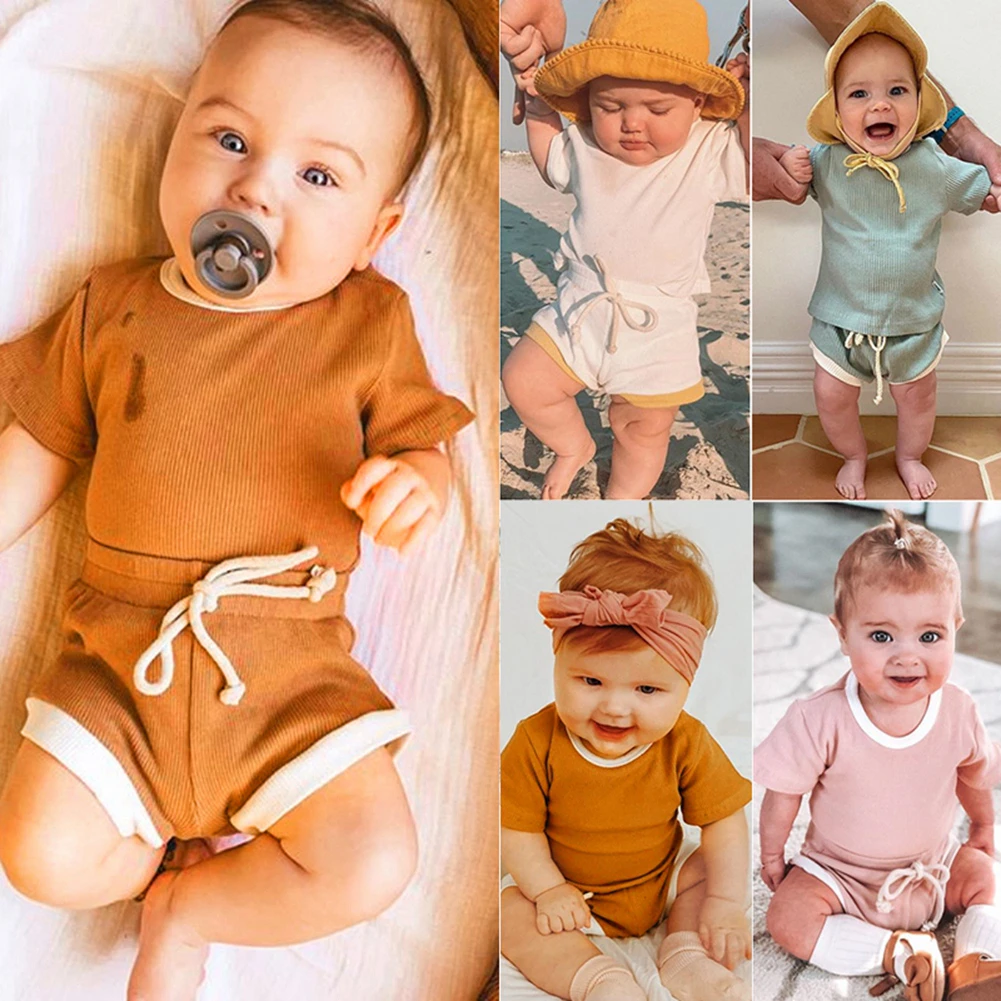 

2021 New Boys And Girls Suits Ribbed Solid Color Summer T-Shirt And Shorts Two-Piece Casual Loose Children'S Clothing Hot Sale