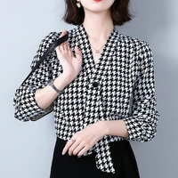 v neck houndstooth plaid design blouse shirt vintage fashion temperament female ladies top long sleeve spring women shirt 238c
