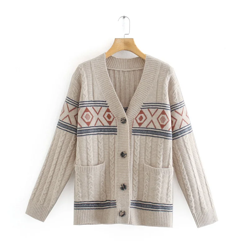 

KRSB Winter Women's White Striped Jacquard Design V-Neck Long-Sleeved Loose Single-Breasted Pocket Knitted Cardigan Jacket Casua