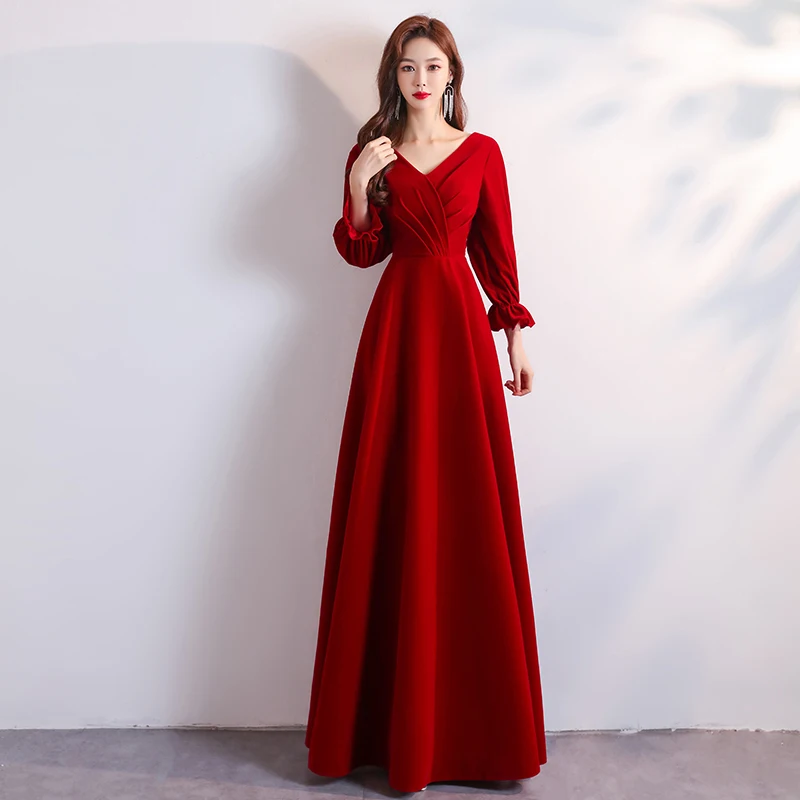 

Lantern Sleeve Cheongsam V-Neck Pleated Bride Wedding Party Dress Gown Sexy Burgundy Folds Qipao Bandage Long Vestidos De Festa