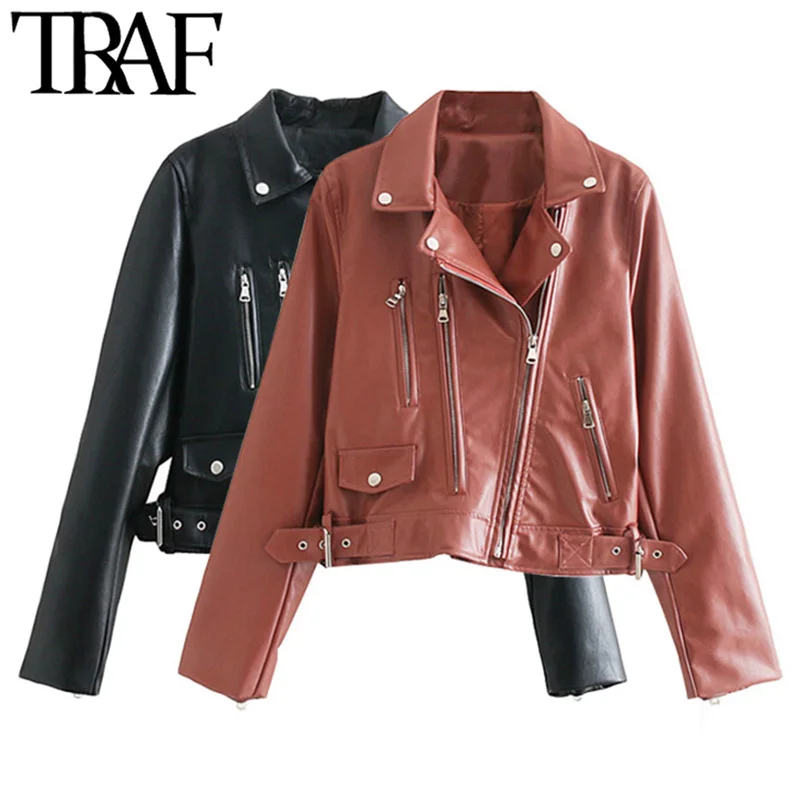 

TRAF Women Fashion With Zip Pockets Faux Leather Moto Biker Jacket Coat Vintage Long Sleeve Zip-up Female Outerwear Chic Top