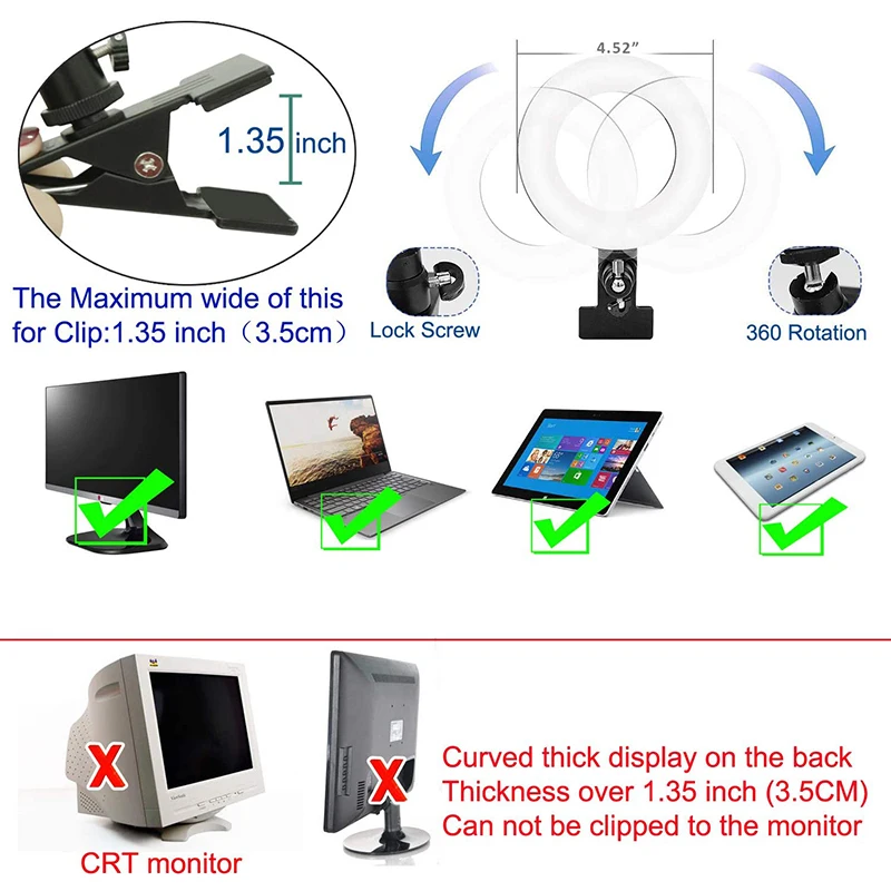 

Clip Dimmable LED Ring Light Clamp Mount Desk Makeup Video 360 Degrees Rotatable Ring Lamp for Live Steam Computer Webcam Light