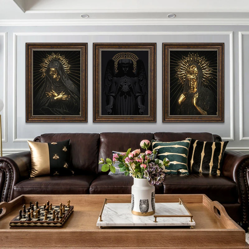 

WANGAR Cool Paintings Black And Golden Skull Art Oil Painting Poster Print Wall Art Canvas Picture Living Room Home Decor
