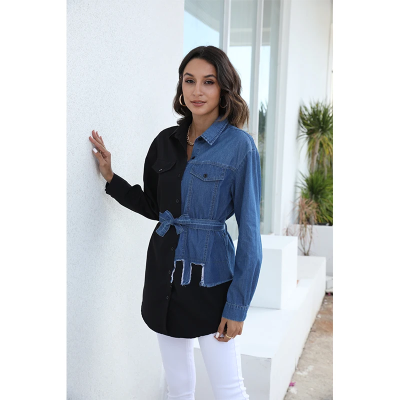 Женская джинсовая рубашка с карманами Повседневная Облегающая длинным рукавом и