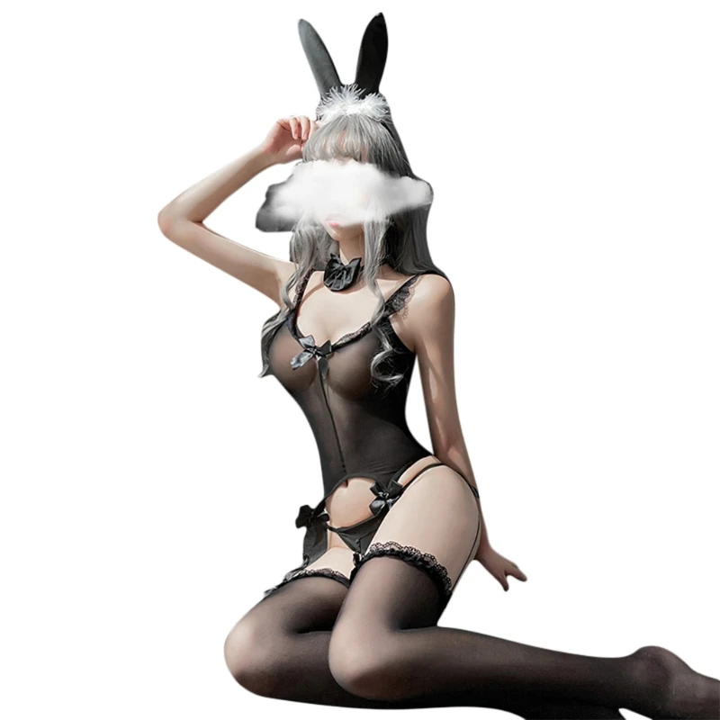 

X3UE женский сексуальный комплект с милым Кроликом, подтяжки, нижнее белье, чулки Фетиш-боди, эротический косплей костюм, стринги с бантом