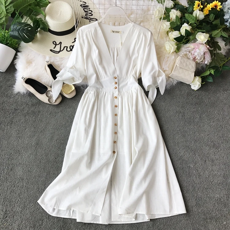 BacklakeGirls High Quality Women Dress Cotton And Linen Elegant Pleated Knee Length V Neck Lace Up Bow Sleeves White Party Dress