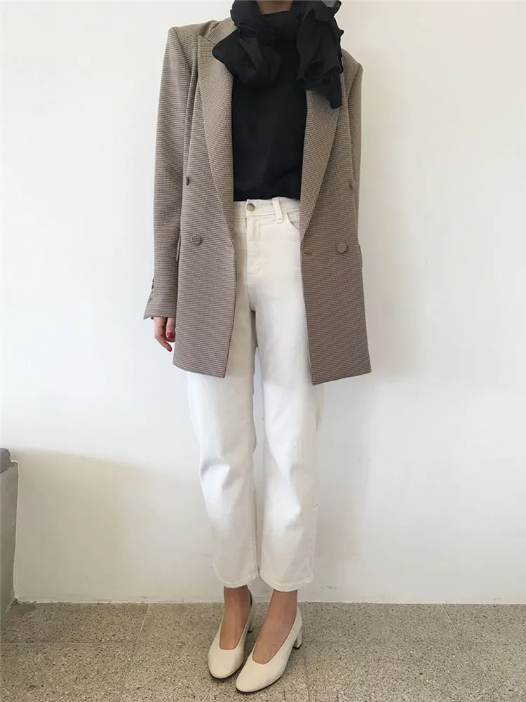 Yesexy/2019 осенне зимний двубортный пиджак в клетку для офисной леди свободный