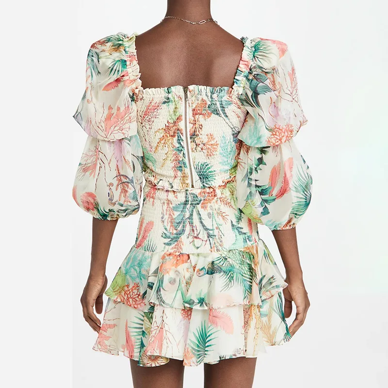 

Pastoral women's skirt suit new square collar bubble sleeve chiffon shirt short high waist half cake skirt