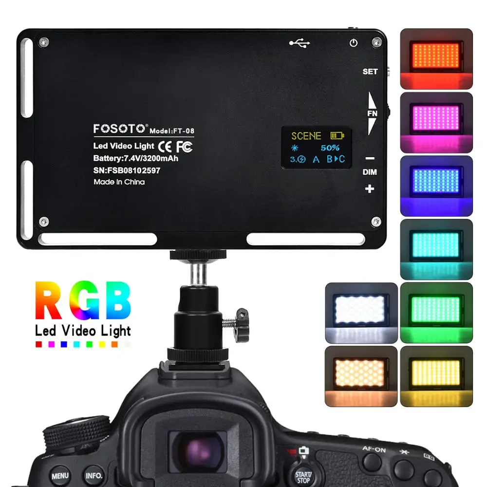 FOSOTO FT 08 RGB LED видео мини фотография свет 2500K 8500K диммируемая полноцветная студия Vlog