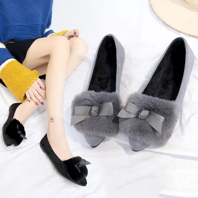 

Fur Flats Short Plush Woman Shoes Faux Fur Slip on Flat Shoes Winter Shoes Pointed Toe Comfortable Boat Shoes 568