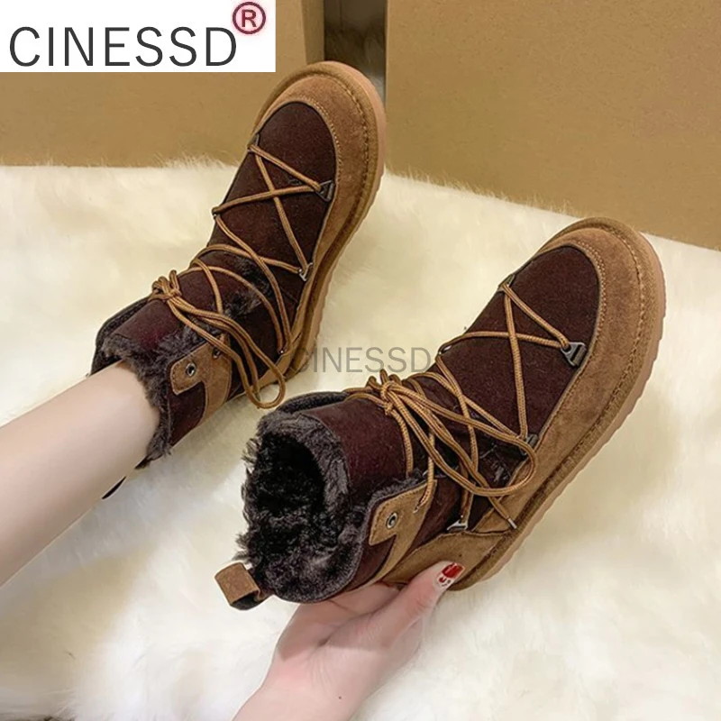 

CINESSD Warm Winter Boots for Women 2021 Lace-up Non-slip Thick Plush Snow Boots Woman Faux Suede Thicked Cotton Shoes Booties