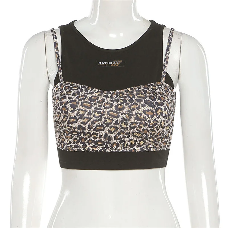 

Summer Sexy Women Tank Tops Slim Round Neck Two Leopard Camisole Sleeveless Ultrashort Vest Street Casual Fashion 2021 New