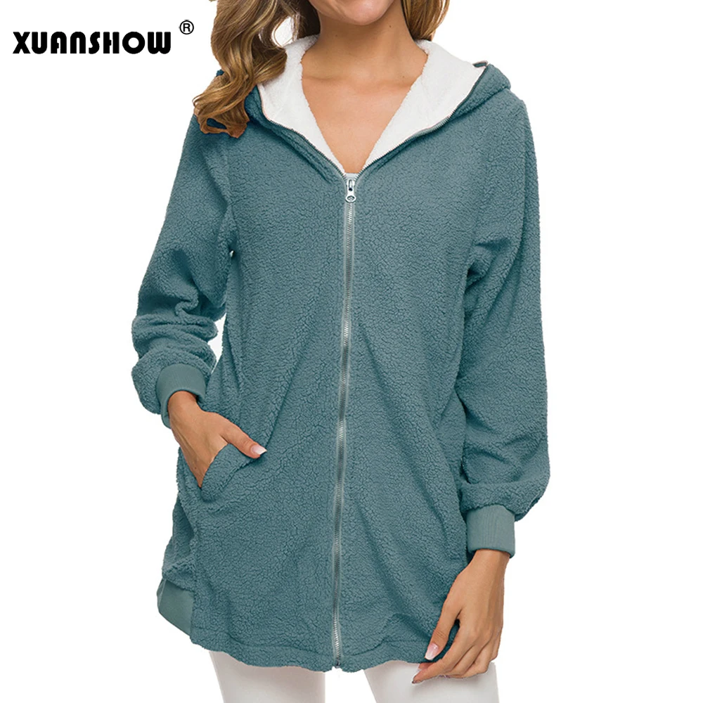Denim Blue XUANSHOW негабаритный зима Долго Искусственный мех Женские пальто Стройное Длинный рукав Держать в тепле плюш Флокирование Женские куртки С капюшоном 5XL - Цвет: Denim Blue