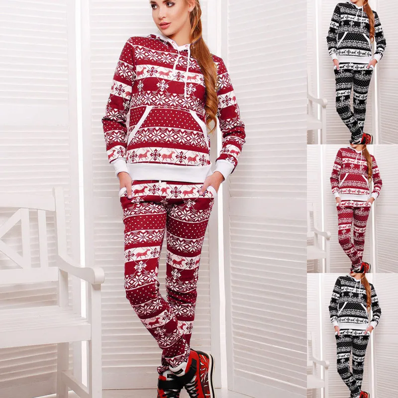 

Printed Slim Hooded Sweater + Pants Set Women Fall/Winter 2021 New Christmas Long Sleeve Pants Set