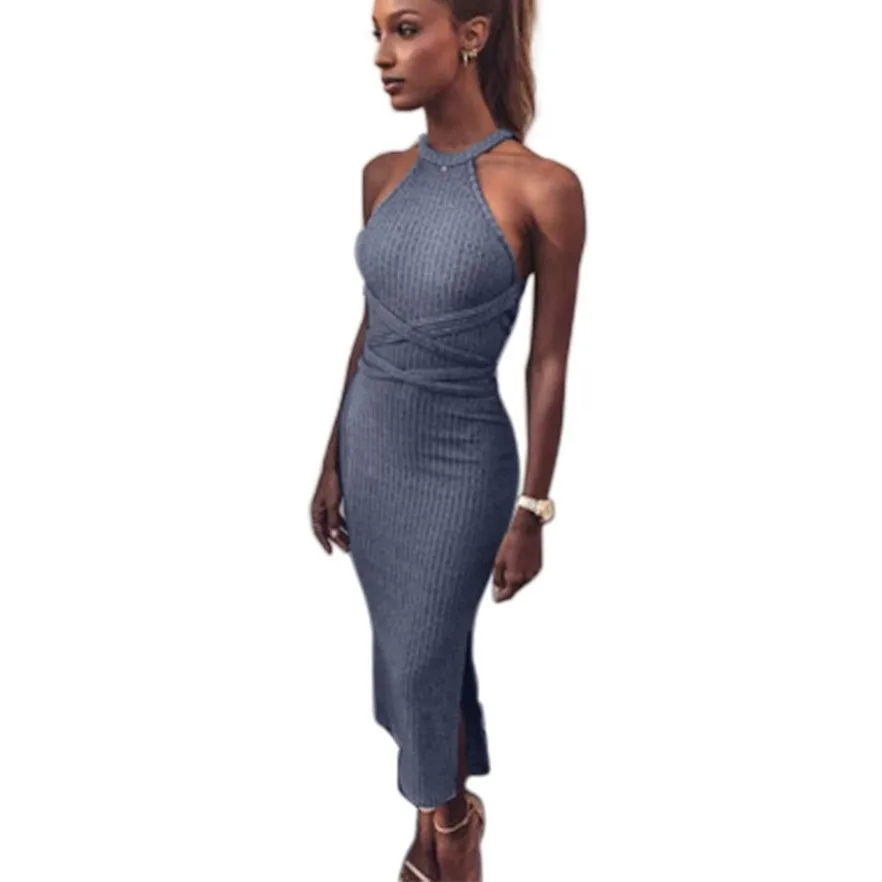 Холтер с открытой спиной Бандажное платье перекрещиванием Bodycon вырезом Лето без