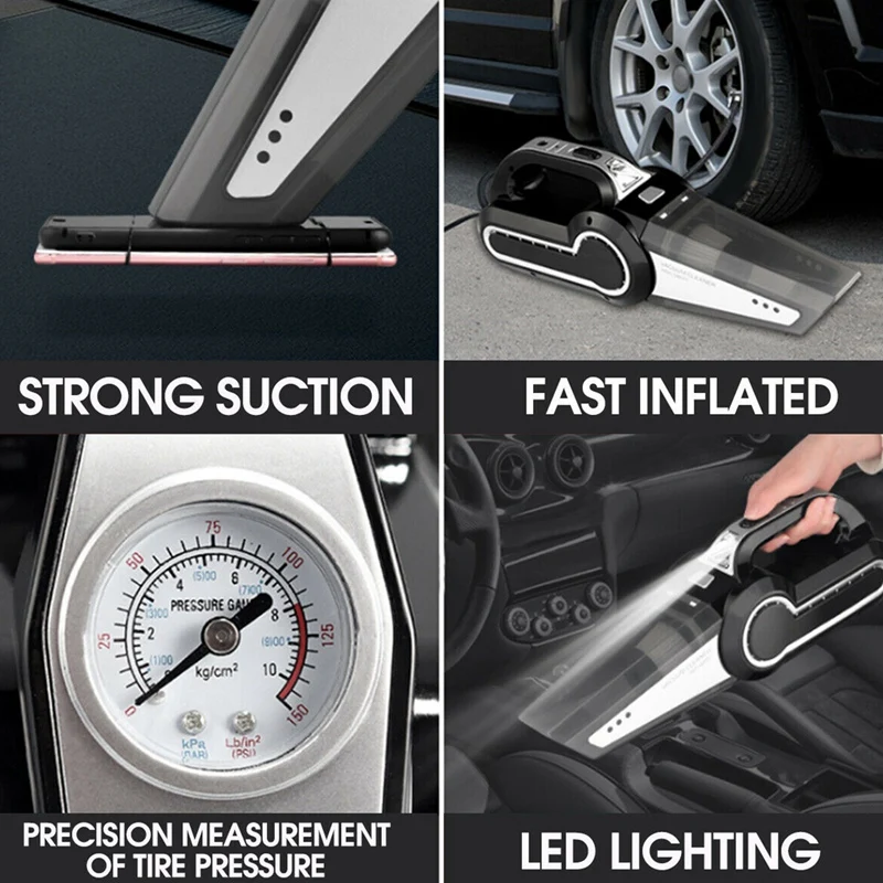 

4 in 1 Portable Car Vacuum Cleaner Handheld with Air Compressor LED Light 120W 4000Pa Wet & Dry Vacuum Cleaner