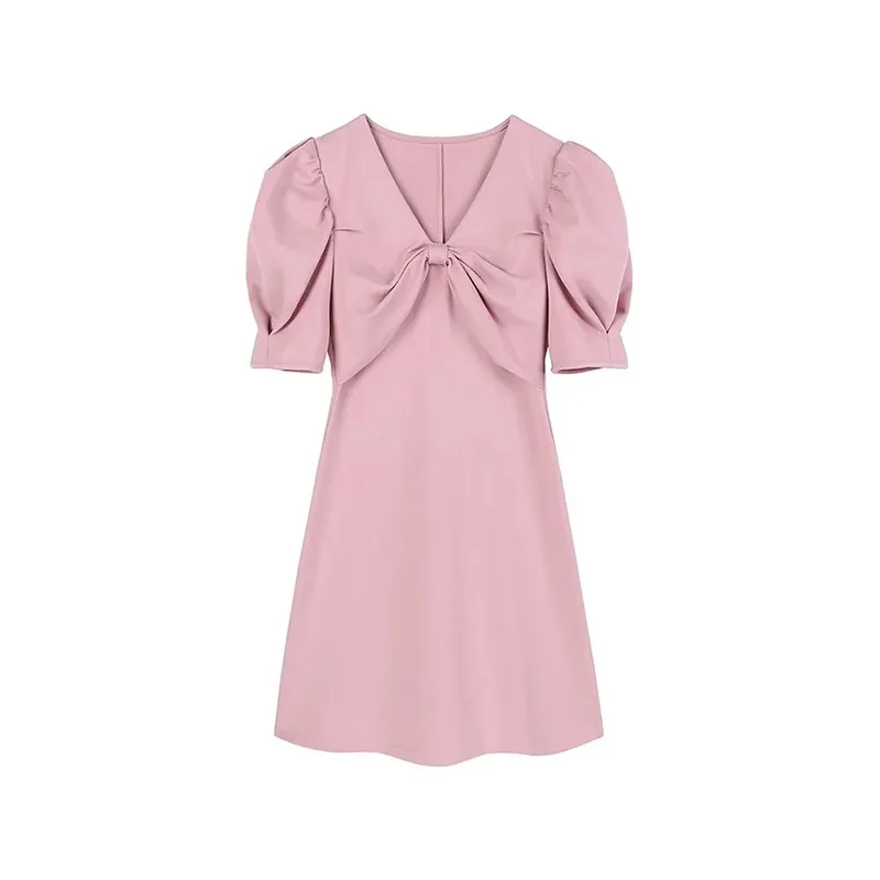 

Sister Fara Elegant V-neck Summer Women's Dress 2021 New Puff Sleeve Fashion Solid Mini Dress Bow A-line Casual Women's Dresses