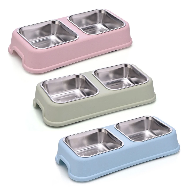 

Двойная рабочая станция для кормления, миски из нержавеющей стали для воды и еды с нескользящей подставкой для кошек, щенков, маленьких соба...