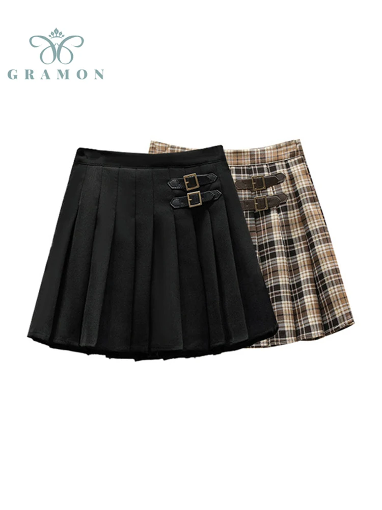 

2022 Spring Summer Women Lager Size Pleated Skirt High Waist Female Plaid Preppy Style Ladies Fashion Chic Woman Mini Skirts