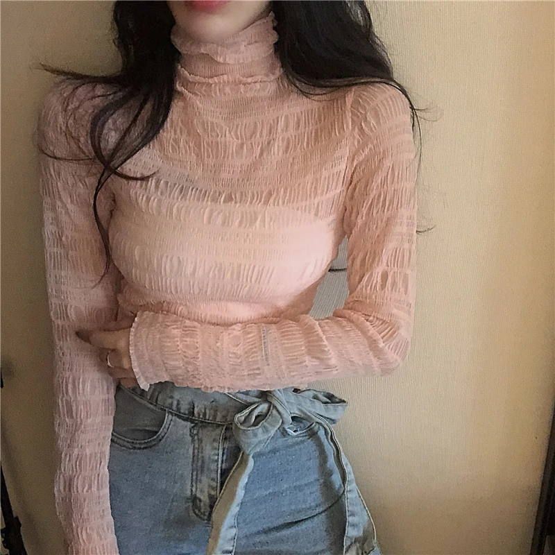 Женская водолазка Мягкие сетчатые Футболки с длинным рукавом женские