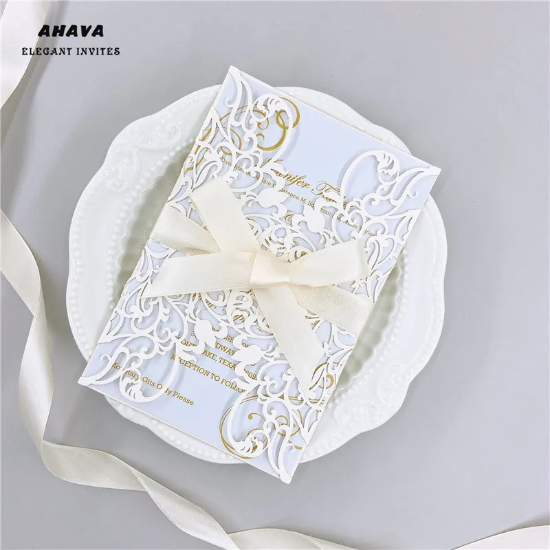 Перламутровая слоновая кость Lasercut приглашение карманные складные лазерная