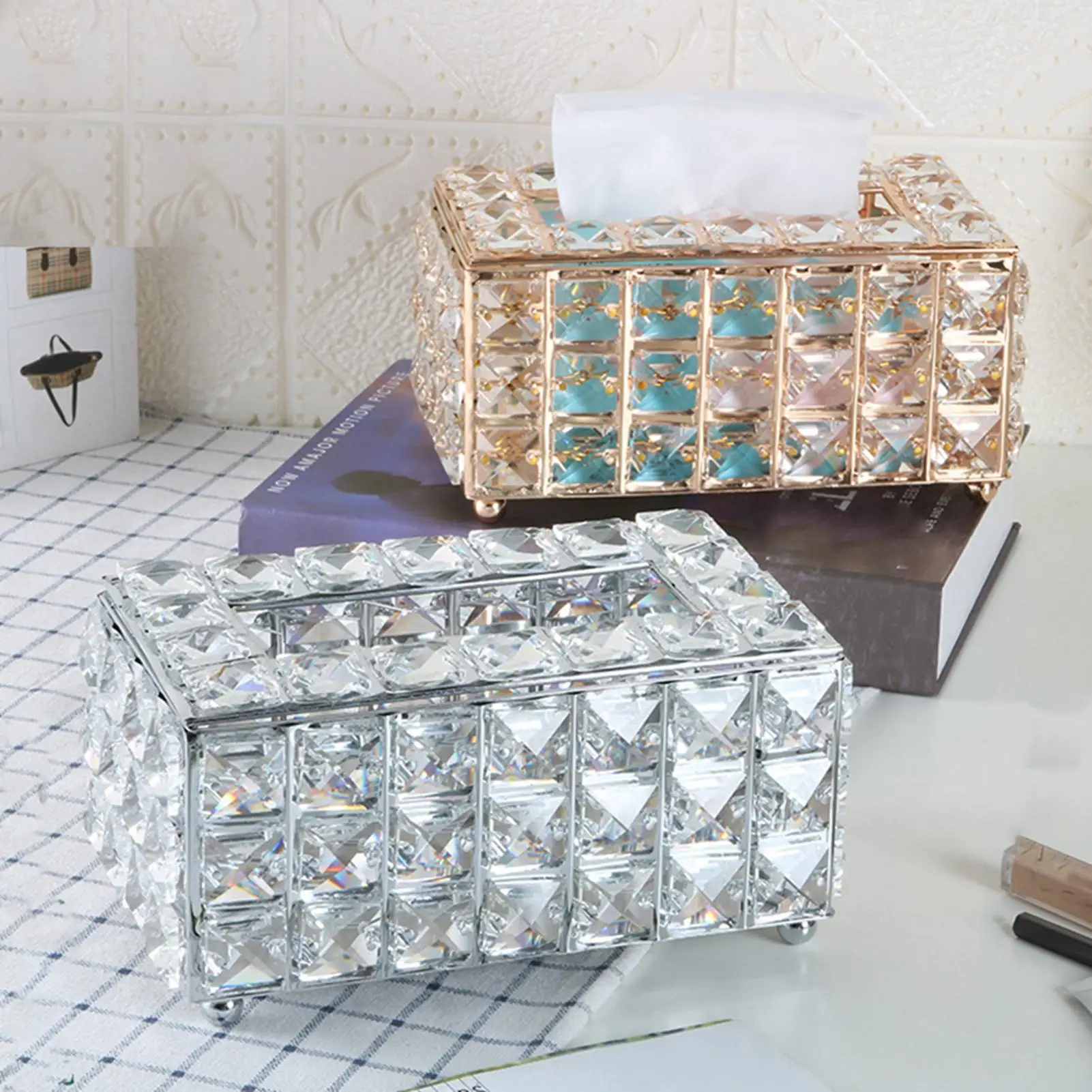 

Simple Coffee Table Desktop Rectangular Faux Crystal Tissue Storage Box Holder
