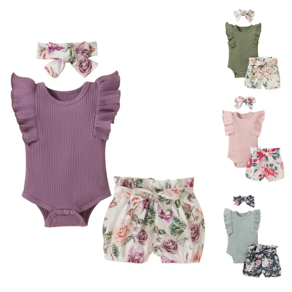 

Baby Girl Short-sleeve Suit Comfort Clothes Infant Summer Outfits Set Ruffle Sleeve Skin-friendly Cotton