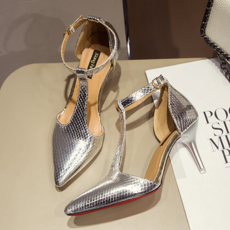 Женские босоножки на тонком высоком каблуке Яркие Кожаные туфли золотистого