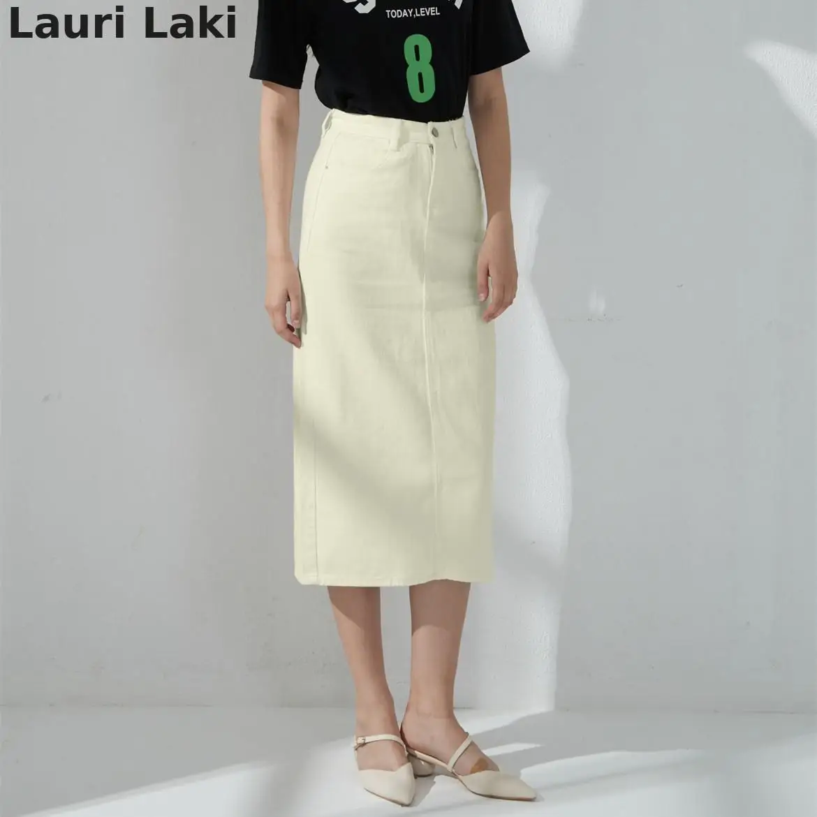 

Lauri Laki Vintage A-line Long Denim Skirt Women Elegant Split Fork Beige High Waist Straight Jean Skirt Midi Summer 2021