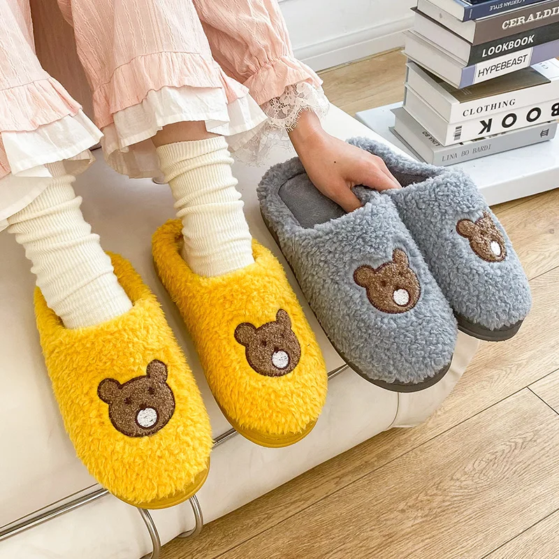 

Plush Slippers Autumn Winter Women Home Shoes Cartoon Bear Soft Insole Slipper Indoor Non-slip Fur Slides Comfortable Footwear