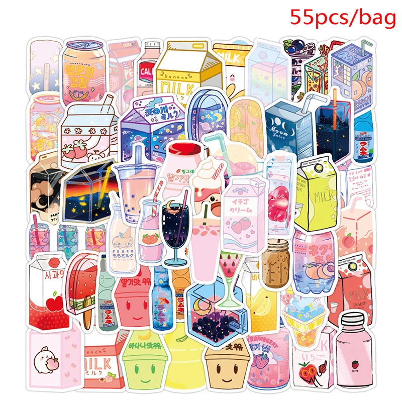 

55Pcs Cute Food And Beverage Bottle Stickers Summer Sweet Creative Handbook Diary Mobile Phone Laptop Case Decor Stickers Gifts