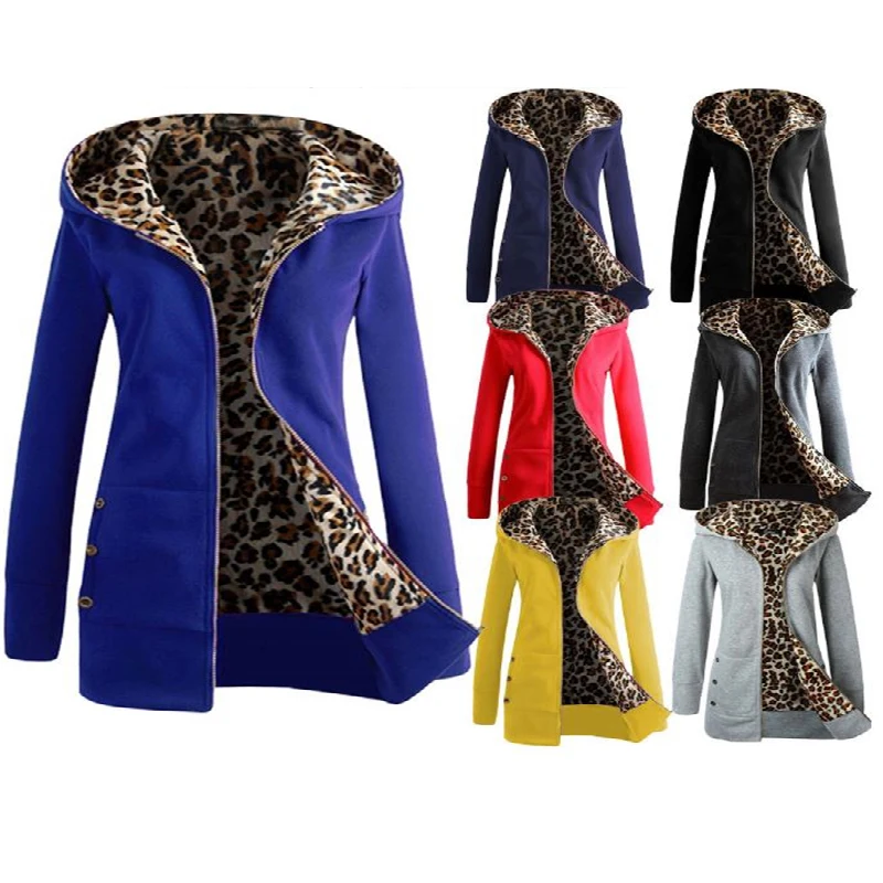 

Women Jacket Thicker Hooded Sweatshirt Leopard Zipper Coat Women Plus Velvet Overcoat Outwear Women's Autumn Jacket