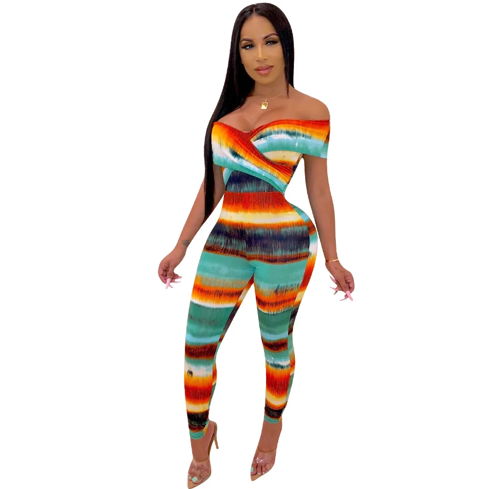 Женский обтягивающий комбинезон в радужную полоску с принтом сексуальный